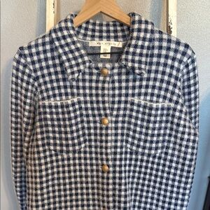 Max Studio Navy and White Checkered Fuzzy Button Up Sweater Jacket Size M Women